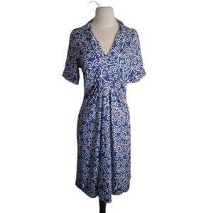 Scroll Chain Blue +White Midi Career Dress, Size Medium
